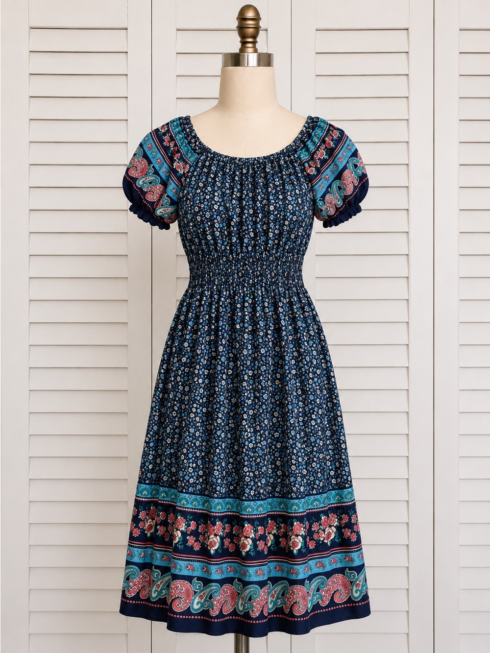Kindred Navy Floral Paisley Smocked-Waist Boho Midi Dress